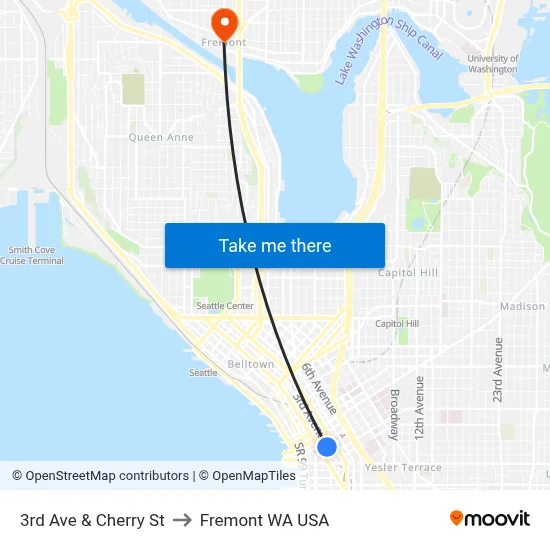3rd Ave & Cherry St to Fremont WA USA map