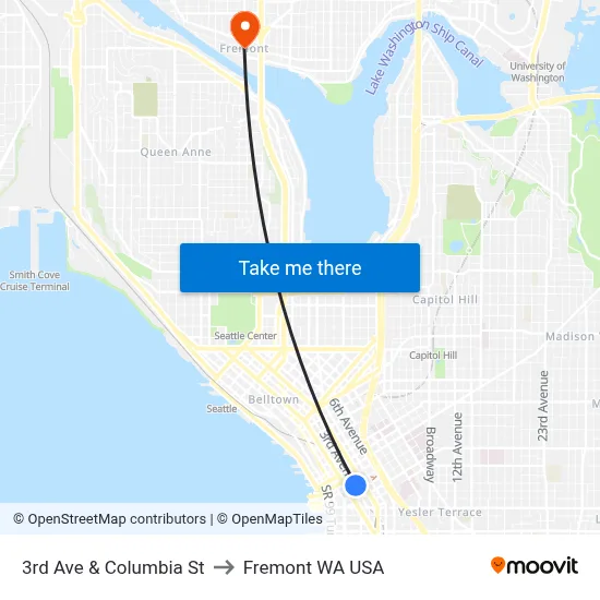 3rd Ave & Columbia St to Fremont WA USA map