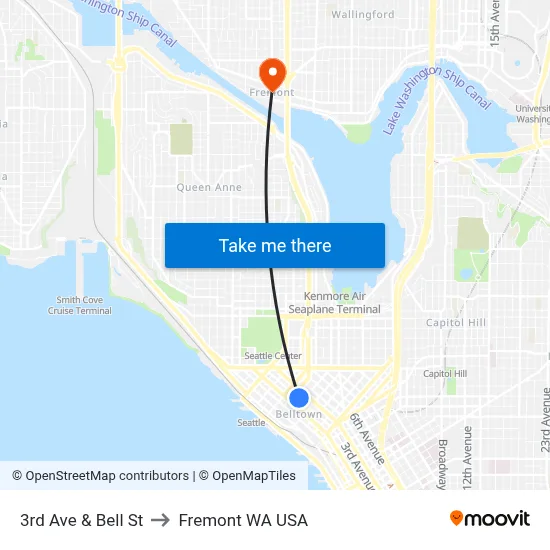 3rd Ave & Bell St to Fremont WA USA map