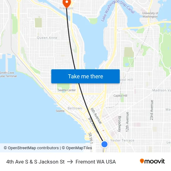 4th Ave S & S Jackson St to Fremont WA USA map