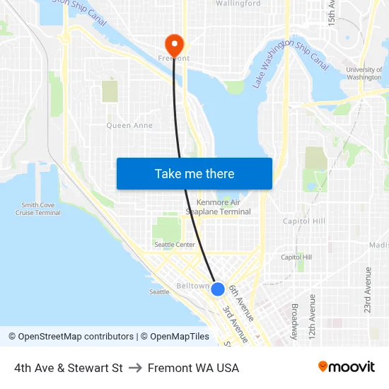 4th Ave & Stewart St to Fremont WA USA map