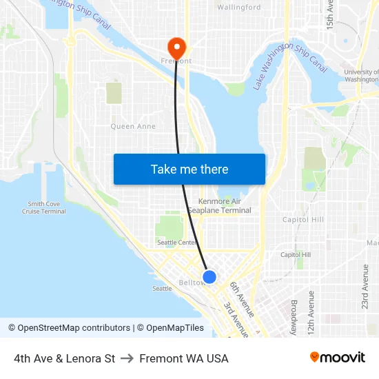 4th Ave & Lenora St to Fremont WA USA map