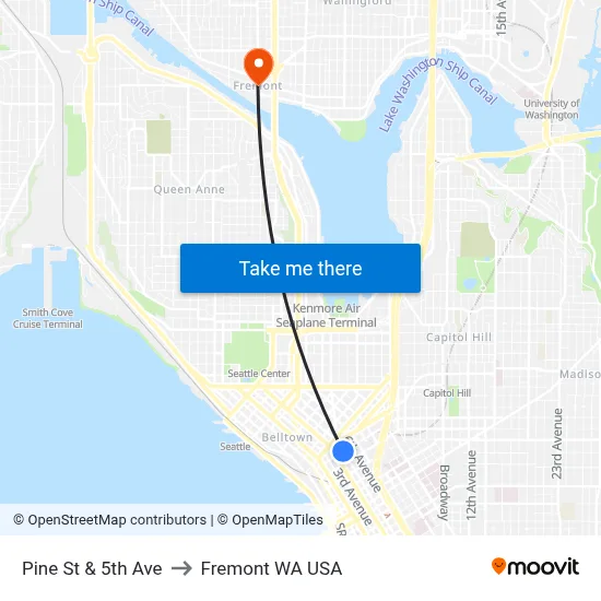 Pine St & 5th Ave to Fremont WA USA map