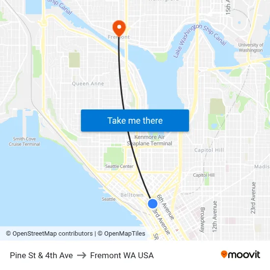 Pine St & 4th Ave to Fremont WA USA map