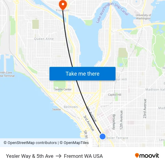 Yesler Way & 5th Ave to Fremont WA USA map