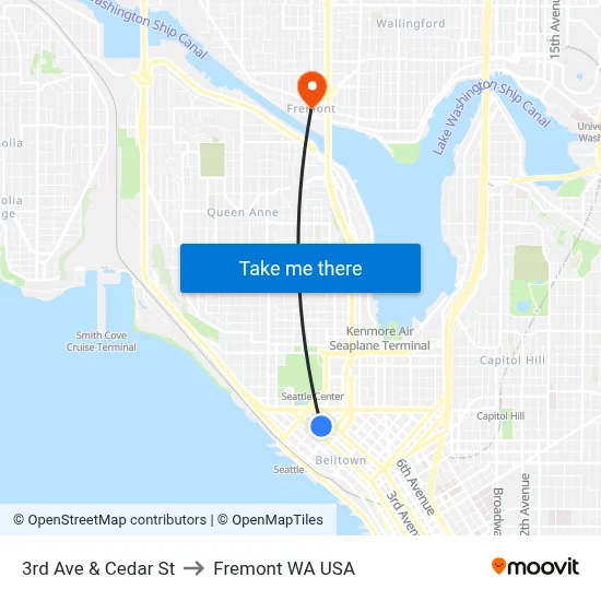 3rd Ave & Cedar St to Fremont WA USA map