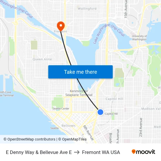 E Denny Way & Bellevue Ave E to Fremont WA USA map