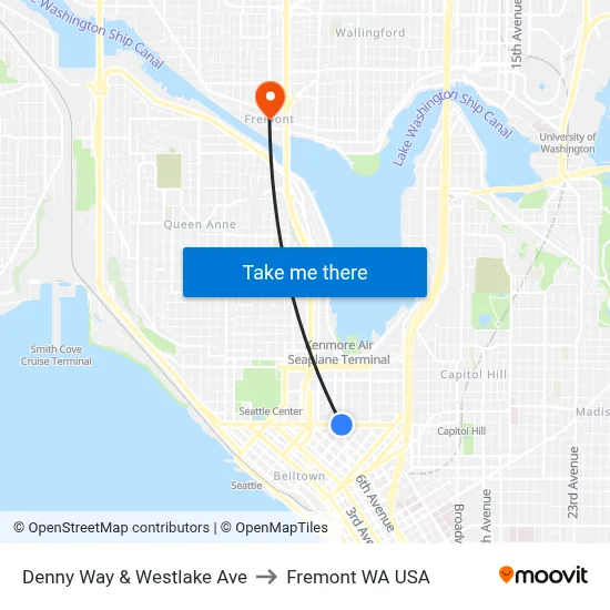Denny Way & Westlake Ave to Fremont WA USA map