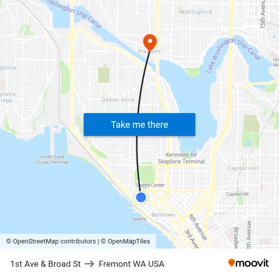 1st Ave & Broad St to Fremont WA USA map