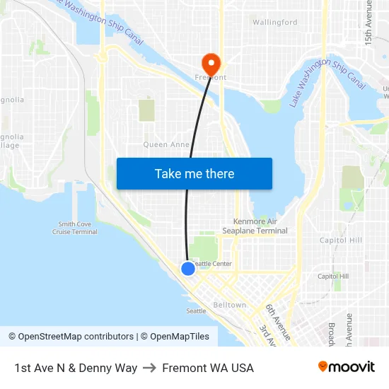 1st Ave N & Denny Way to Fremont WA USA map
