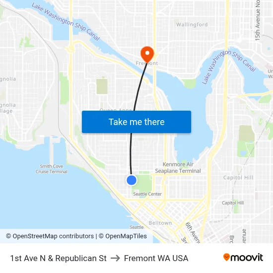 1st Ave N & Republican St to Fremont WA USA map