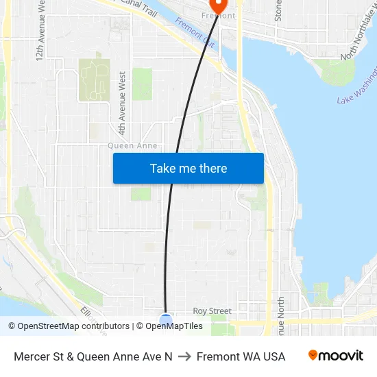 Mercer St & Queen Anne Ave N to Fremont WA USA map