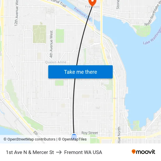 1st Ave N & Mercer St to Fremont WA USA map