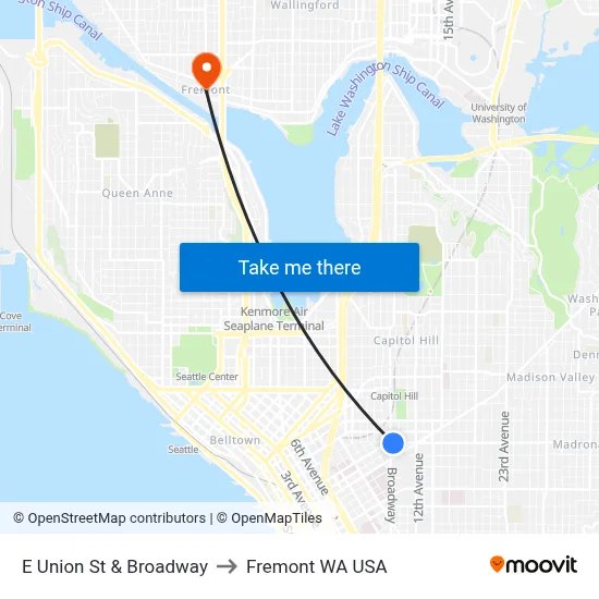 E Union St & Broadway to Fremont WA USA map