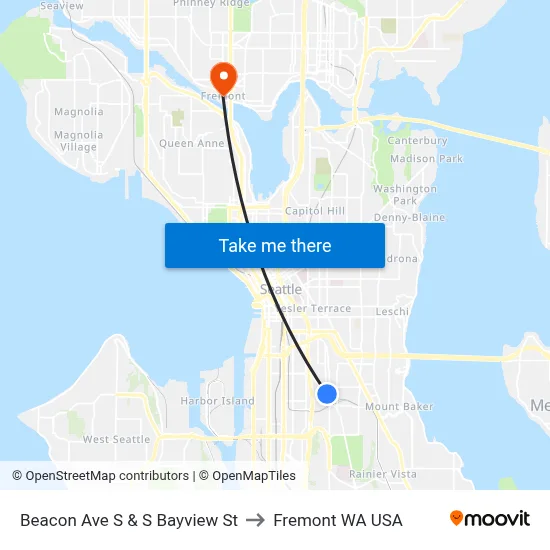 Beacon Ave S & S Bayview St to Fremont WA USA map