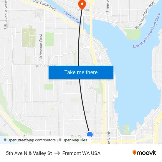 5th Ave N & Valley St to Fremont WA USA map
