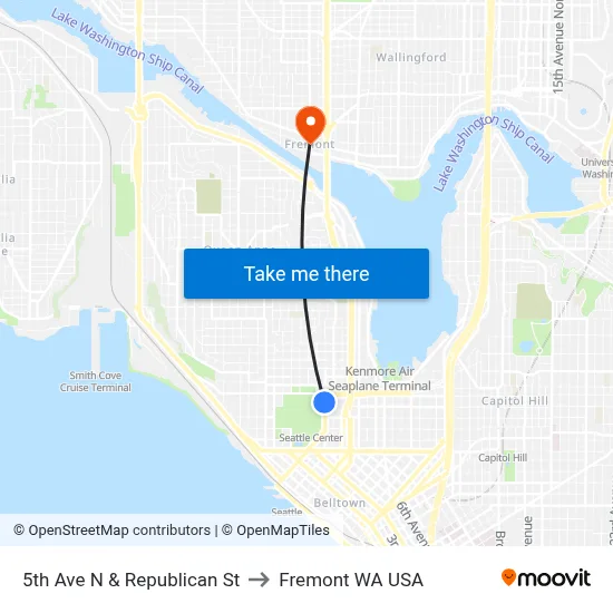 5th Ave N & Republican St to Fremont WA USA map