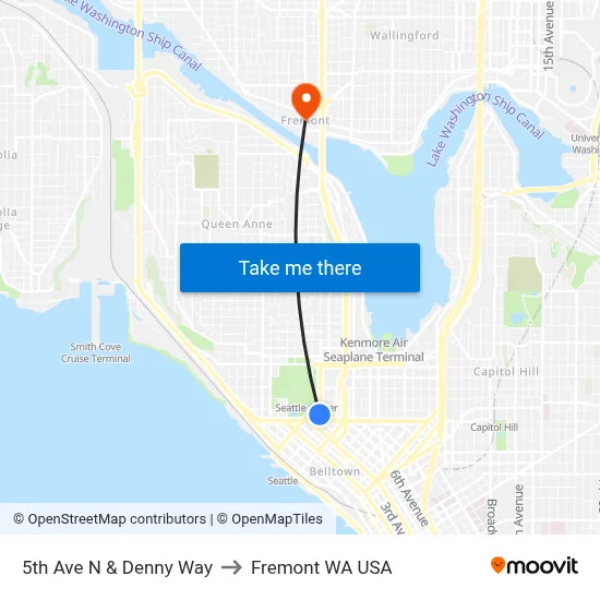 5th Ave N & Denny Way to Fremont WA USA map