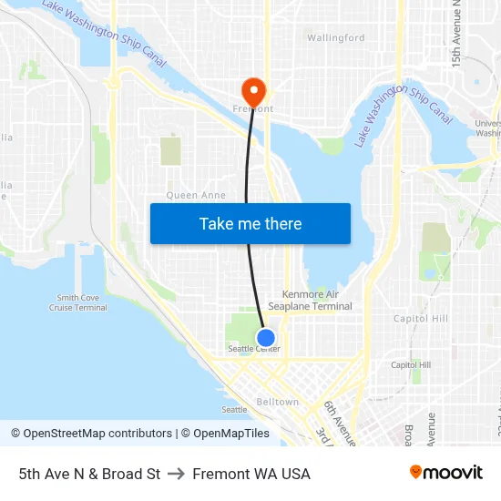 5th Ave N & Broad St to Fremont WA USA map