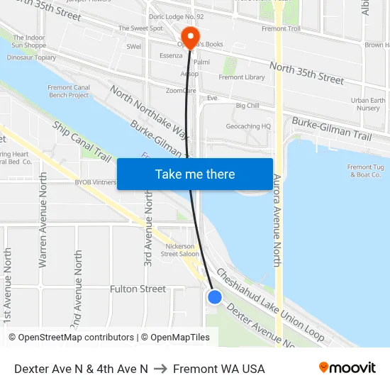 Dexter Ave N & 4th Ave N to Fremont WA USA map