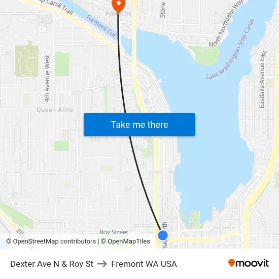Dexter Ave N & Roy St to Fremont WA USA map