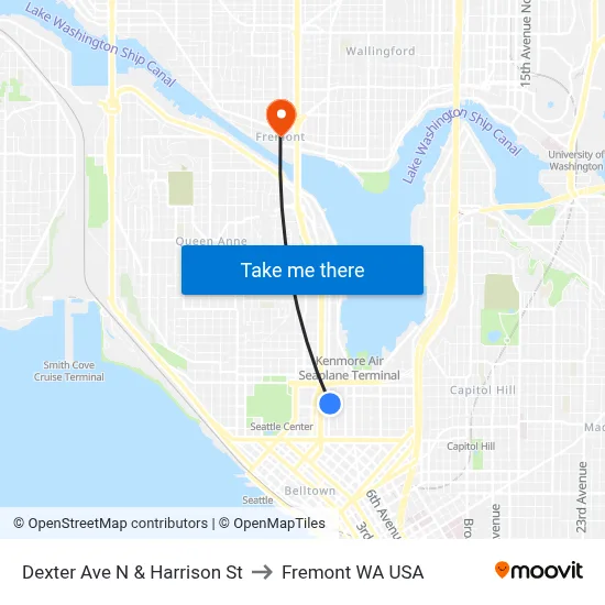 Dexter Ave N & Harrison St to Fremont WA USA map