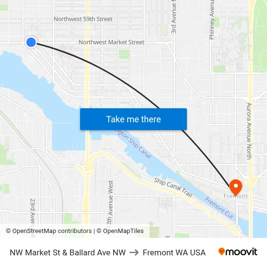 NW Market St & Ballard Ave NW to Fremont WA USA map