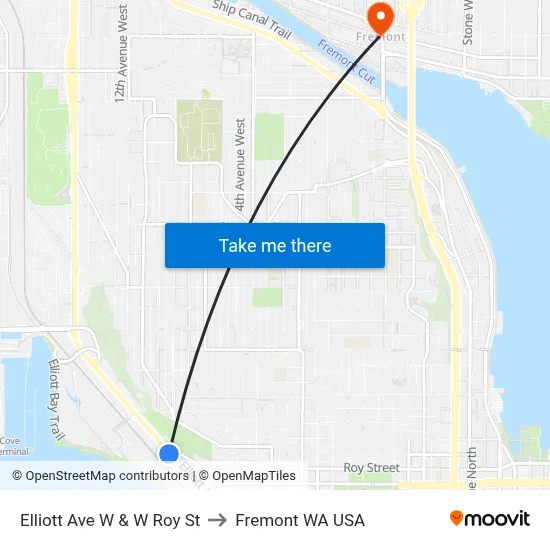 Elliott Ave W & W Roy St to Fremont WA USA map