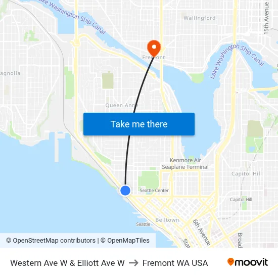 Western Ave W & Elliott Ave W to Fremont WA USA map