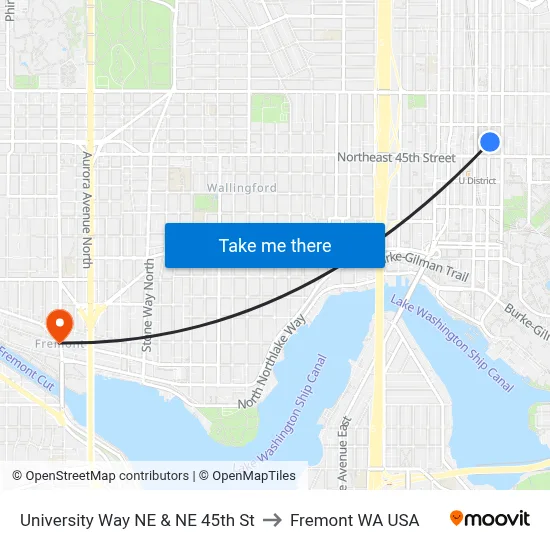 University Way NE & NE 45th St to Fremont WA USA map