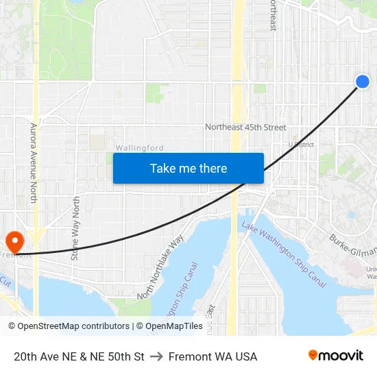 20th Ave NE & NE 50th St to Fremont WA USA map