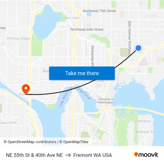 NE 55th St & 40th Ave NE to Fremont WA USA map