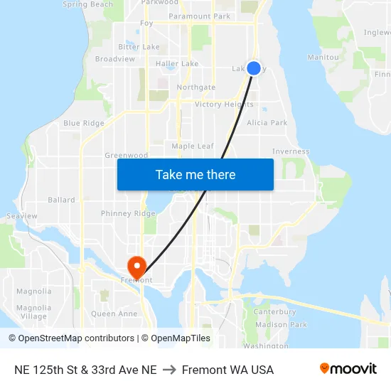 NE 125th St & 33rd Ave NE to Fremont WA USA map