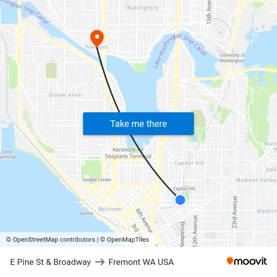 E Pine St & Broadway to Fremont WA USA map