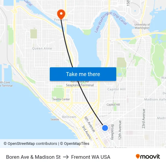 Boren Ave & Madison St to Fremont WA USA map