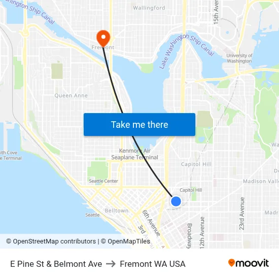 E Pine St & Belmont Ave to Fremont WA USA map