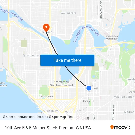 10th Ave E & E Mercer St to Fremont WA USA map