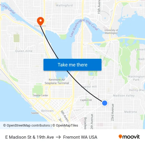 E Madison St & 19th Ave to Fremont WA USA map