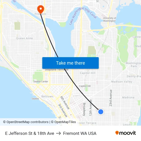 E Jefferson St & 18th Ave to Fremont WA USA map