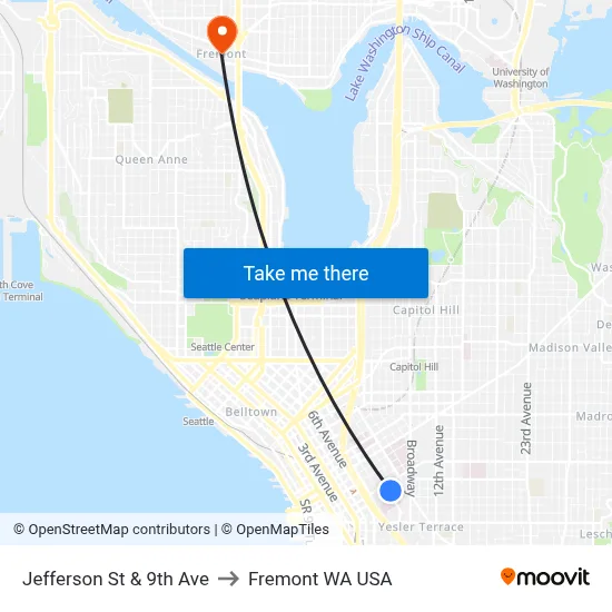 Jefferson St & 9th Ave to Fremont WA USA map
