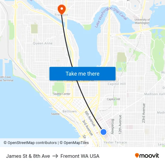 James St & 8th Ave to Fremont WA USA map