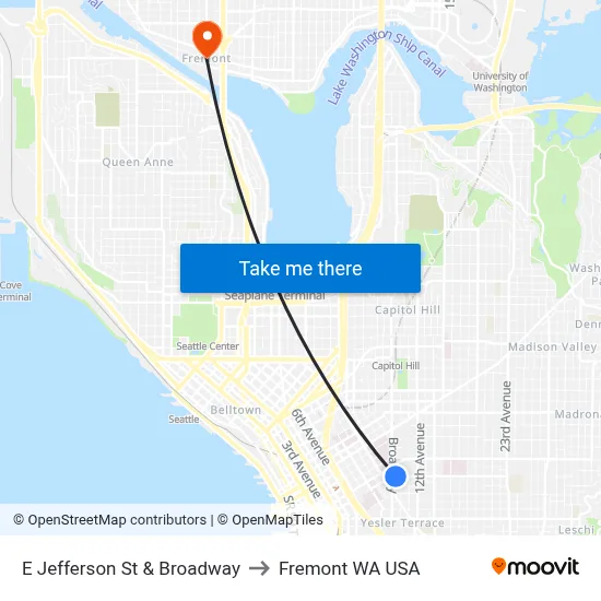 E Jefferson St & Broadway to Fremont WA USA map