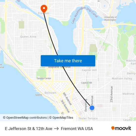 E Jefferson St & 12th Ave to Fremont WA USA map