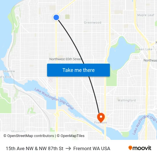 15th Ave NW & NW 87th St to Fremont WA USA map