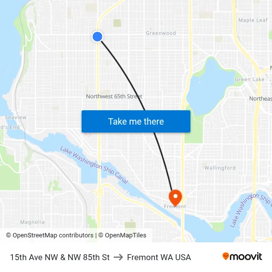 15th Ave NW & NW 85th St to Fremont WA USA map