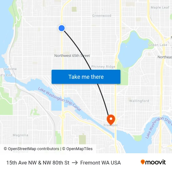 15th Ave NW & NW 80th St to Fremont WA USA map