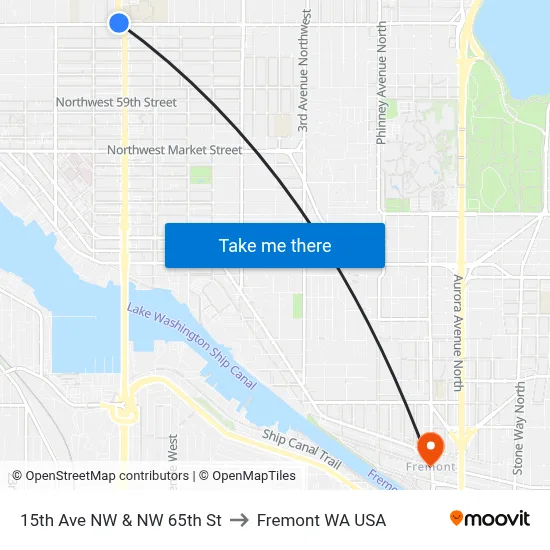 15th Ave NW & NW 65th St to Fremont WA USA map