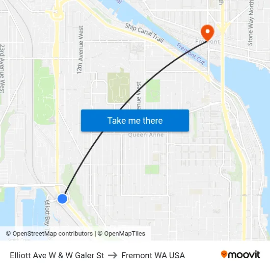 Elliott Ave W & W Galer St to Fremont WA USA map