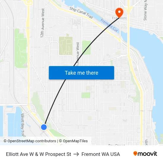 Elliott Ave W & W Prospect St to Fremont WA USA map