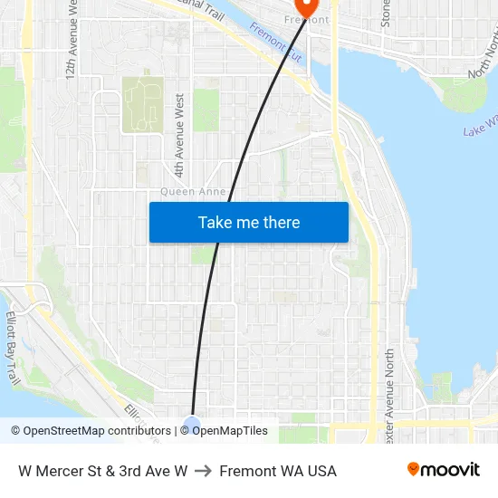 W Mercer St & 3rd Ave W to Fremont WA USA map